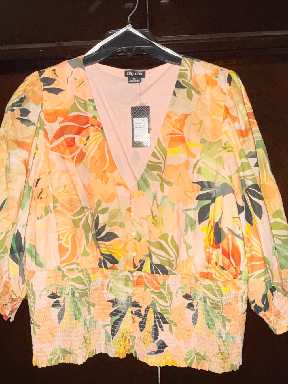 City Chic Floral V-Neck Smocked Waist Top XL 18/20 NWT